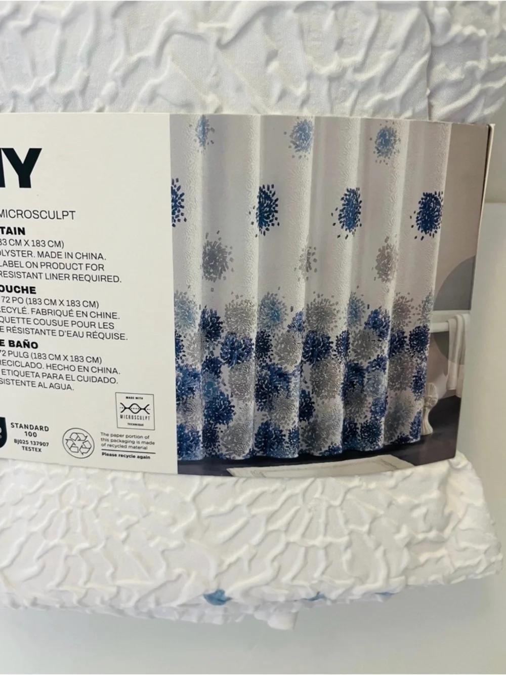 DKNY Brushstroke Floral Microsculpt Shower Curtain White Blue Gray 72” x 72”